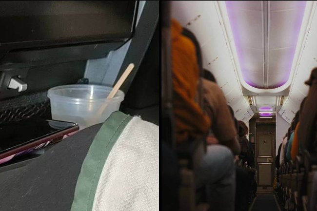 Mid-Air Dental Hygiene: Woman Brushes Teeth and Spits in Cup